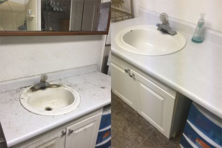 A side-by-side before-and-after cleaning service photo of a bathroom sink.