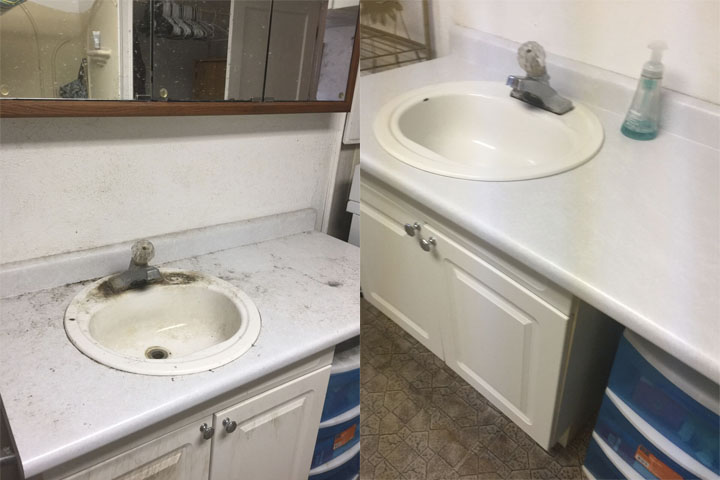 A side-by-side before-and-after cleaning service photo of a bathroom sink.